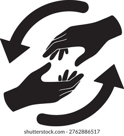 Helping hands and circular arrows symbolizing support and exchange with giving back with reciprocity icon