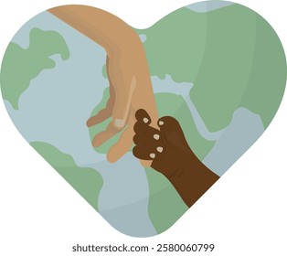 Helping Hands Connect Over Heart-Shaped Earth Globe isolated on white background. Hands of different skin tones. Global unity, support and inclusion. Humanitarian aid. Flat style. Vector illustration