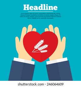 Helping hands with heart. Agricultural sign icon. Gluten free or No gluten symbol. Charity symbol with headline. Vector