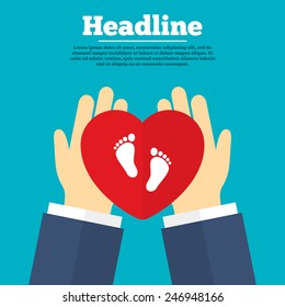 Helping hands with heart. Child pair of footprint sign icon. Toddler barefoot symbol. Baby's first steps. Charity symbol with headline. Vector