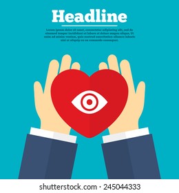 Helping hands with heart. Eye sign icon. Publish content button. Visibility. Charity symbol with headline. Vector