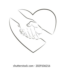 Helping hands and heart. Gesture, sign of help and hope concept. Two hands taking each other. Isolated vector line illustration on white background.