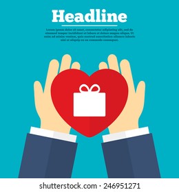 Helping hands with heart. Gift box sign icon. Present symbol. Charity symbol with headline. Vector