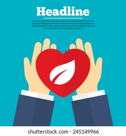 Helping hands with heart. Leaf sign icon. Fresh natural product symbol. Charity symbol with headline. Vector