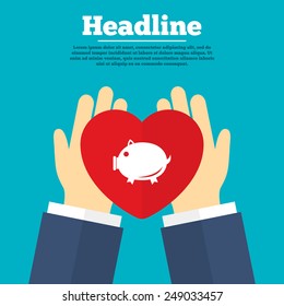 Helping hands with heart. Piggy sign icon. Pork symbol. Charity symbol with headline. Vector