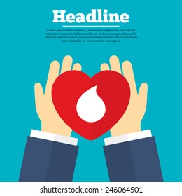 Helping hands with heart. Water drop sign icon. Tear symbol. Charity symbol with headline. Vector