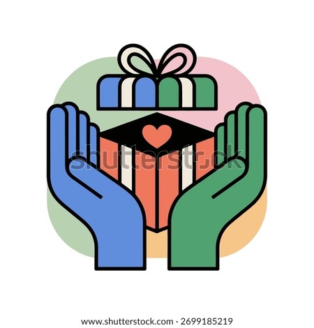 Helping hands holding present, heart in box symbol, compassionate giving concept, volunteer support charity, holiday donation drive vector