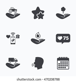 Helping hands icons. Agricultural tractor insurance symbol. Delivery truck sign. Save nature forest. Water drop. Flat talking head, calendar icons. Stars, like counter icons. Vector