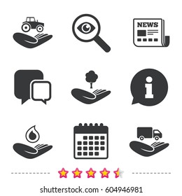 Helping hands icons. Agricultural tractor insurance symbol. Delivery truck sign. Save nature forest. Water drop. Newspaper, information and calendar icons. Investigate magnifier, chat symbol. Vector