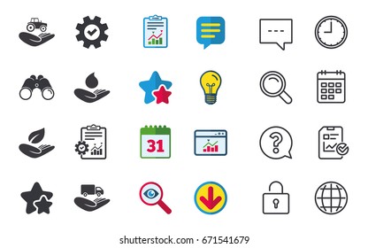 Helping hands icons. Agricultural tractor insurance symbol. Delivery truck sign. Save nature leaf and water drop. Chat, Report and Calendar signs. Stars, Statistics and Download icons. Vector