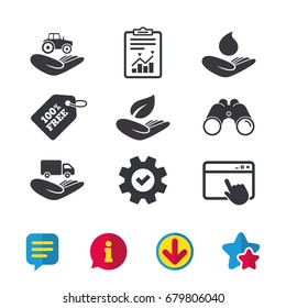 Helping hands icons. Agricultural tractor insurance symbol. Delivery truck sign. Save nature leaf and water drop. Browser window, Report and Service signs. Binoculars, Information and Download icons