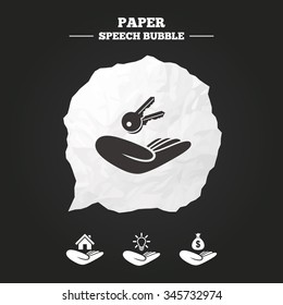 Helping hands icons. Financial money savings insurance symbol. Home house or real estate and lamp, key signs. Paper speech bubble with icon.