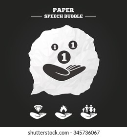 Helping hands icons. Financial money savings, family life insurance symbols. Diamond brilliant sign. Fire protection. Paper speech bubble with icon.