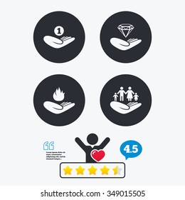 Helping hands icons. Financial money savings, family life insurance symbols. Diamond brilliant sign. Fire protection. Star vote ranking. Client like and think bubble. Quotes with message.