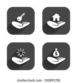Helping hands icons. Financial money savings insurance symbol. Home house or real estate and lamp, key signs. Square flat buttons with long shadow.