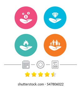 Helping hands icons. Financial money savings, family life insurance symbols. Diamond brilliant sign. Fire protection. Calendar, cogwheel and report linear icons. Star vote ranking. Vector