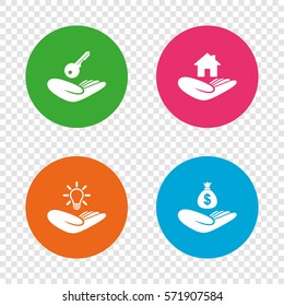 Helping hands icons. Financial money savings insurance symbol. Home house or real estate and lamp, key signs. Round buttons on transparent background. Vector