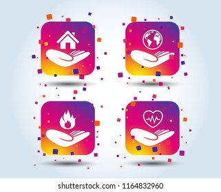 Helping hands icons. Health and travel trip insurance symbols. Home house or real estate sign. Fire protection. Colour gradient square buttons. Flat design concept. Vector