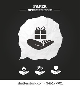 Helping hands icons. Health and travel trip insurance symbols. Gift present box sign. Fire protection. Paper speech bubble with icon.