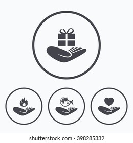Helping hands icons. Health and travel trip insurance symbols. Gift present box sign. Fire protection. Icons in circles.