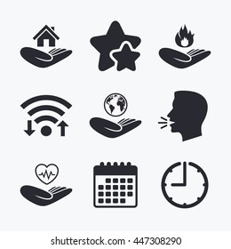 Helping hands icons. Health and travel trip insurance symbols. Home house or real estate sign. Fire protection. Wifi internet, favorite stars, calendar and clock. Talking head. Vector