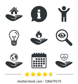 Helping hands icons. Health and travel trip insurance symbols. Home house or real estate sign. Fire protection. Information, light bulb and calendar icons. Investigate magnifier. Vector