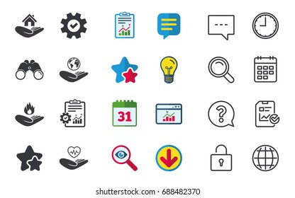 Helping hands icons. Health and travel trip insurance symbols. Home house or real estate sign. Fire protection. Chat, Report and Calendar signs. Stars, Statistics and Download icons. Vector