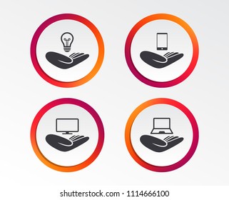 Helping hands icons. Intellectual property insurance symbol. Smartphone, TV monitor and pc notebook sign. Device protection. Infographic design buttons. Circle templates. Vector