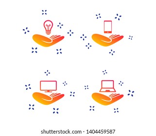 Helping hands icons. Intellectual property insurance symbol. Smartphone, TV monitor and pc notebook sign. Device protection. Random dynamic shapes. Gradient insurance icon. Vector
