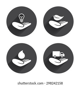 Helping hands icons. Intellectual property insurance symbol. Delivery truck sign. Save nature leaf and water drop. Circles buttons with long flat shadow. Vector