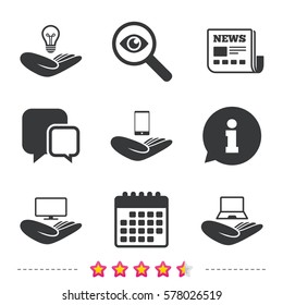 Helping hands icons. Intellectual property insurance symbol. Smartphone, TV monitor and pc notebook sign. Device protection. Newspaper, information and calendar icons. Vector