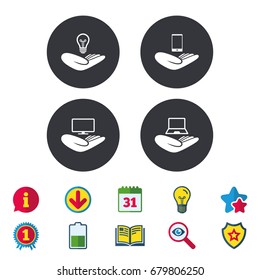 Helping hands icons. Intellectual property insurance symbol. Smartphone, TV monitor and pc notebook sign. Device protection. Calendar, Information and Download signs. Stars, Award and Book icons