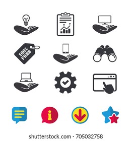 Helping hands icons. Intellectual property insurance symbol. Smartphone, TV monitor and pc notebook sign. Device protection. Browser window, Report and Service signs. Vector