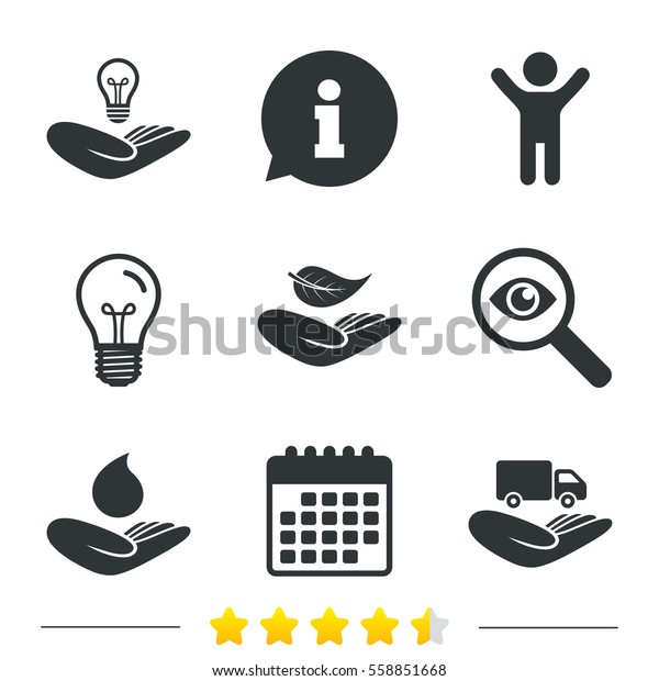 Helping\
hands icons. Intellectual property insurance symbol. Delivery truck\
sign. Save nature leaf and water drop. Information, light bulb and\
calendar icons. Investigate magnifier.\
Vector