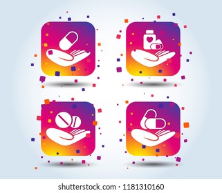 Helping hands icons. Medical health insurance symbols. Drugs pills bottle signs. Medicine tablets. Colour gradient square buttons. Flat design concept. Vector