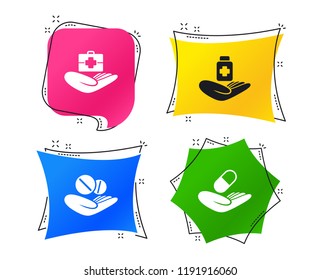 Helping hands icons. Medical health insurance symbols. Drugs pills bottle signs. Medicine tablets. Geometric colorful tags. Banners with flat icons. Trendy design. Vector