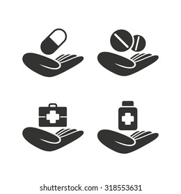 Helping hands icons. Medical health insurance symbols. Drugs pills bottle signs. Medicine tablets. Flat icons on white. Vector