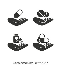 Helping hands icons. Medical health insurance symbols. Drugs pills bottle signs. Medicine tablets. Flat icons on white. Vector