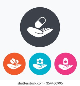 Helping hands icons. Medical health insurance symbols. Drugs pills bottle signs. Medicine tablets. Circle flat buttons with icon.