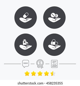Helping hands icons. Medical health insurance symbols. Drugs pills bottle signs. Medicine tablets. Chat, award medal and report linear icons. Star vote ranking. Vector