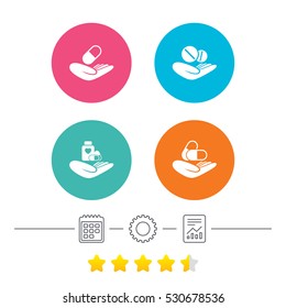 Helping hands icons. Medical health insurance symbols. Drugs pills bottle signs. Medicine tablets. Calendar, cogwheel and report linear icons. Star vote ranking. Vector