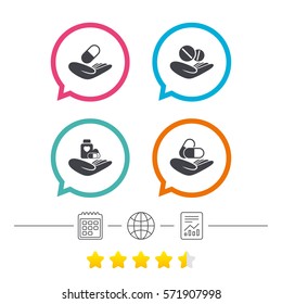 Helping hands icons. Medical health insurance symbols. Drugs pills bottle signs. Medicine tablets. Calendar, internet globe and report linear icons. Star vote ranking. Vector