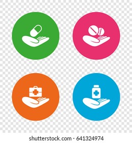 Helping hands icons. Medical health insurance symbols. Drugs pills bottle signs. Medicine tablets. Round buttons on transparent background. Vector