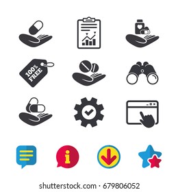 Helping hands icons. Medical health insurance symbols. Drugs pills bottle signs. Medicine tablets. Browser window, Report and Service signs. Binoculars, Information and Download icons. Stars and Chat