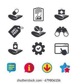 Helping hands icons. Medical health insurance symbols. Drugs pills bottle signs. Medicine tablets. Browser window, Report and Service signs. Binoculars, Information and Download icons. Stars and Chat