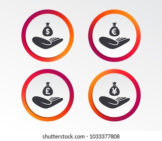 Helping hands icons. Money insurance symbols. Hand holds cash bag in Dollars, Euro, Pounds and Yen signs. Infographic design buttons. Circle templates. Vector