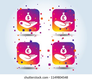 Helping hands icons. Money insurance symbols. Hand holds cash bag in Dollars, Euro, Pounds and Yen signs. Colour gradient square buttons. Flat design concept. Vector