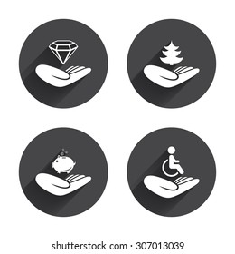 Helping hands icons. Protection and insurance symbols. Financial money savings, save forest. Diamond brilliant sign. Disabled human. Circles buttons with long flat shadow. Vector