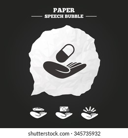 Helping hands icons. Protection and insurance symbols. Save money, car and health medical insurance. Agriculture wheat sign. Paper speech bubble with icon.
