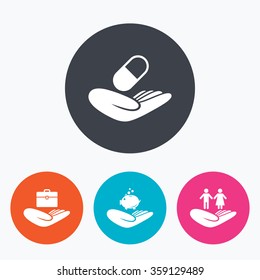 Helping hands icons. Protection and insurance symbols. Financial money savings, health medical insurance. Human couple life sign. Circle flat buttons with icon.
